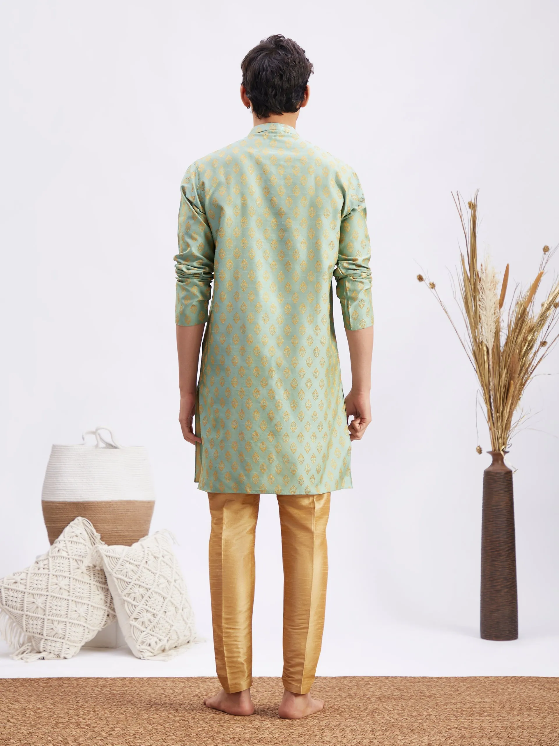 VM By VASTRAMAY Men's Mint Green and Rose Gold Woven Kurta Pant Set