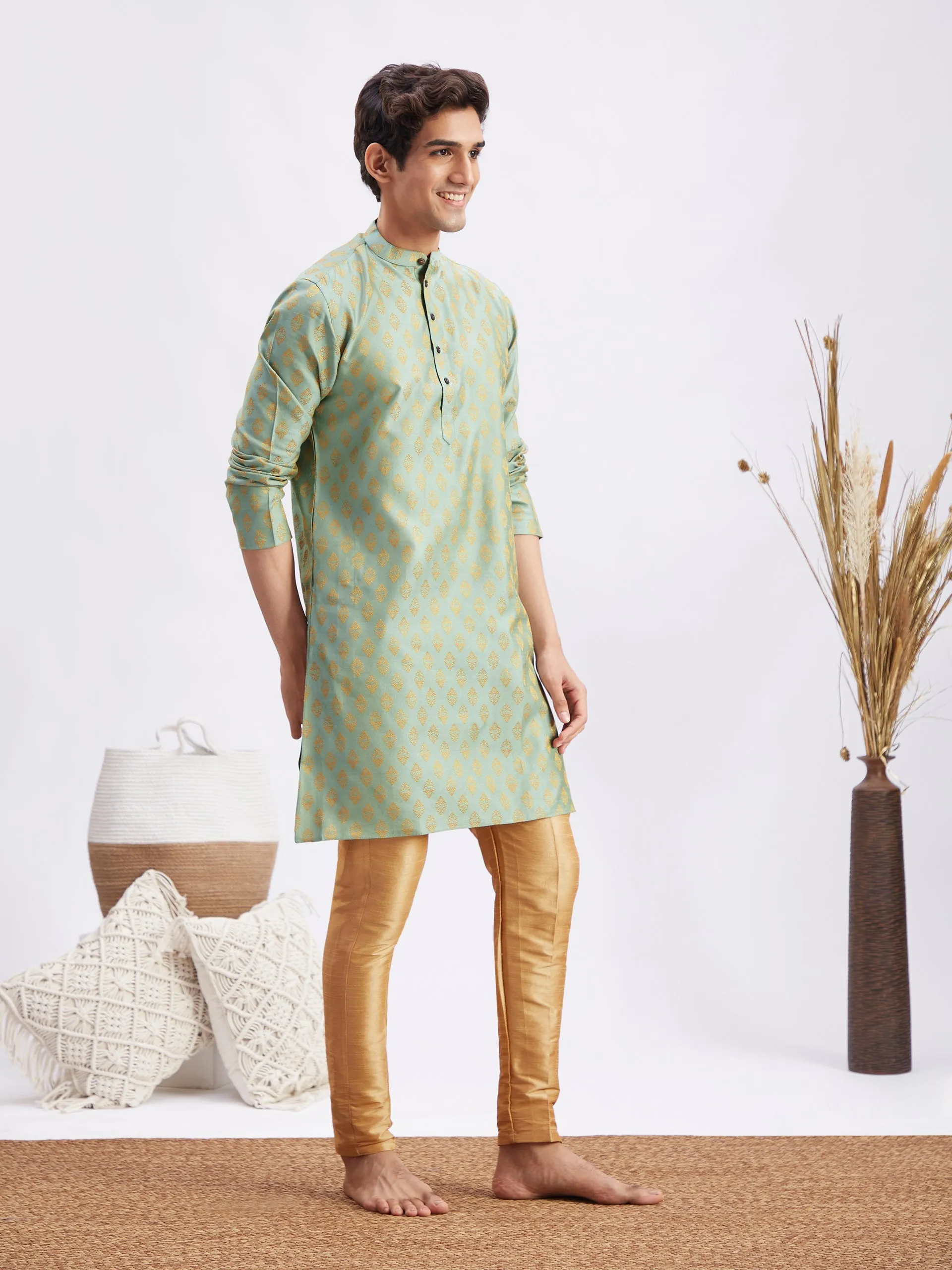 VM By VASTRAMAY Men's Mint Green and Rose Gold Woven Kurta Pant Set