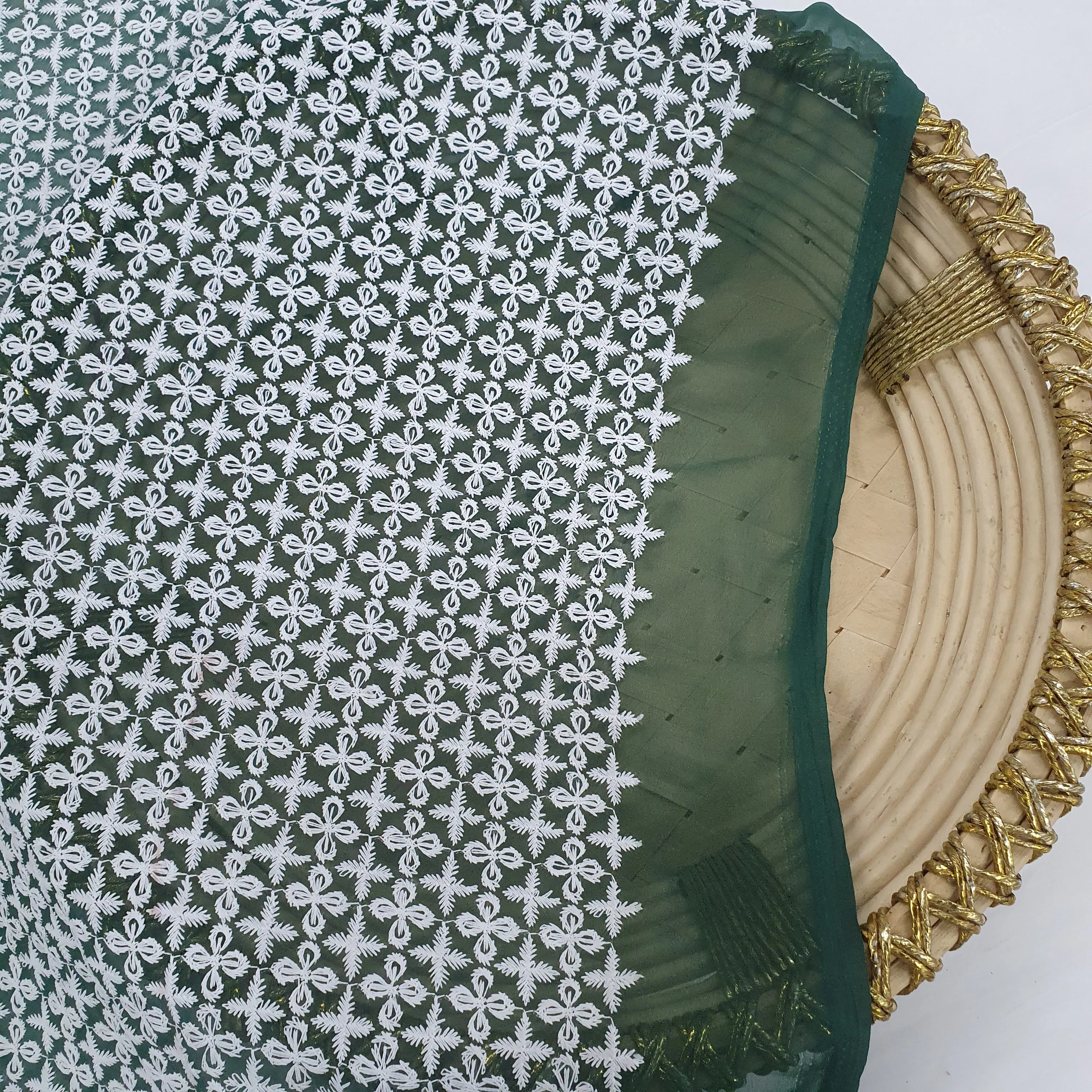 White & Green Embroidery Georgette Fabric