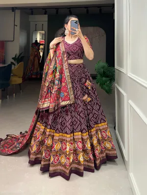 Wine Color Bandhej And Patola Print With Foil Work Tussar Silk Lehnga Choli