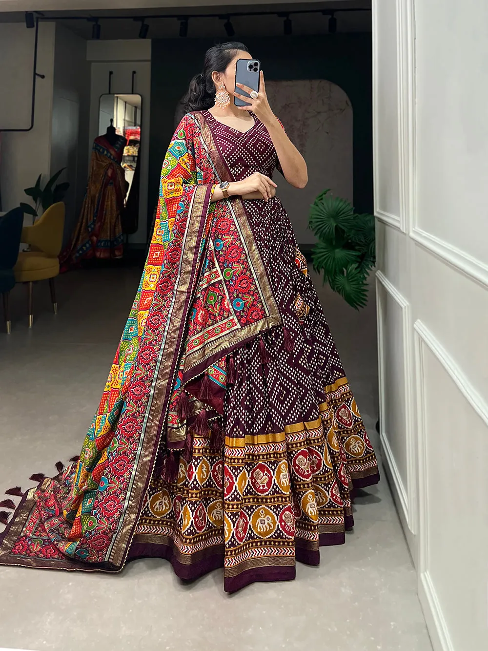 Wine Color Bandhej And Patola Print With Foil Work Tussar Silk Lehnga Choli