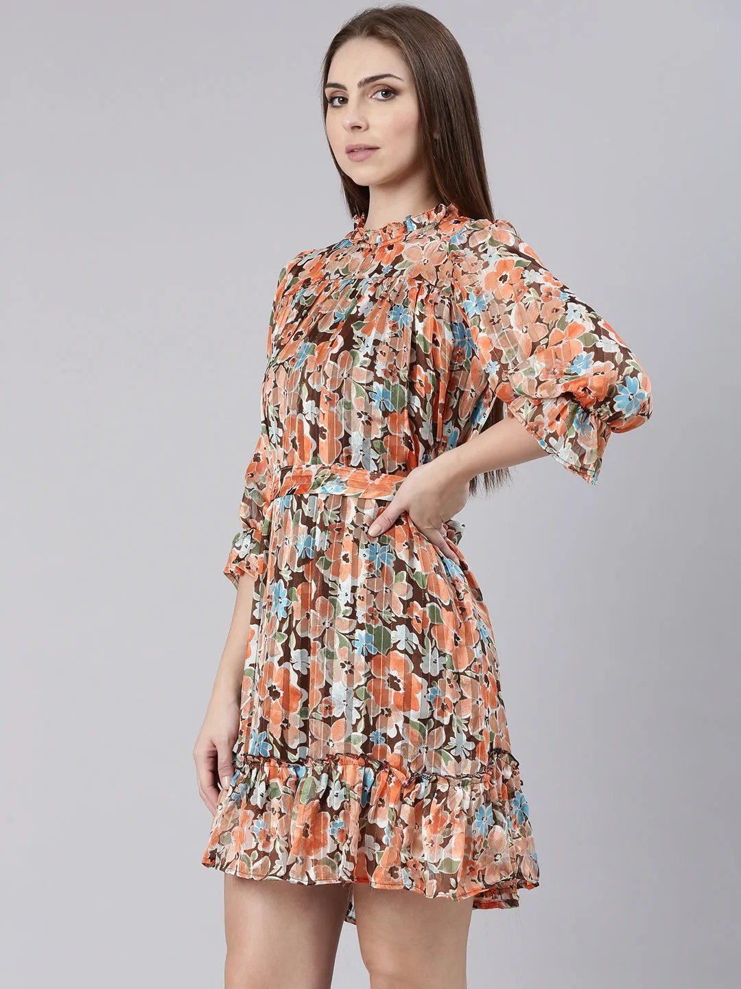 Women Orange Floral A Line Dress