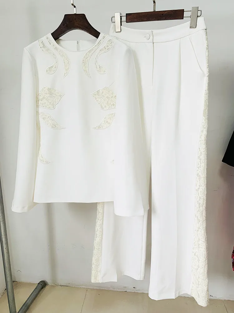 Women White Pants Suit Lace Cut Out Decor Top   Flare Trousers