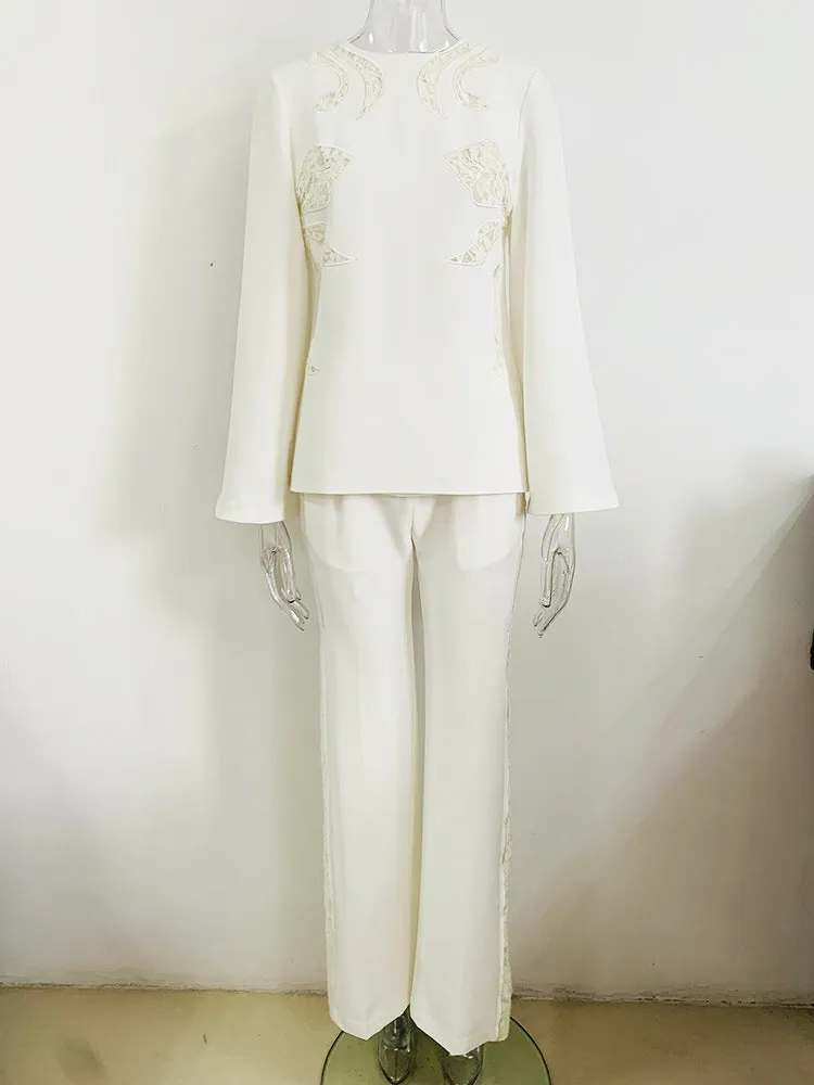 Women White Pants Suit Lace Cut Out Decor Top   Flare Trousers
